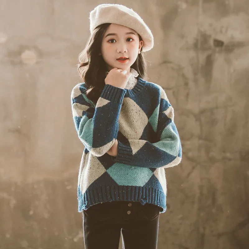 Вязаные свитера в клетку теплые вязаные пуловеры для маленьких и больших девочек