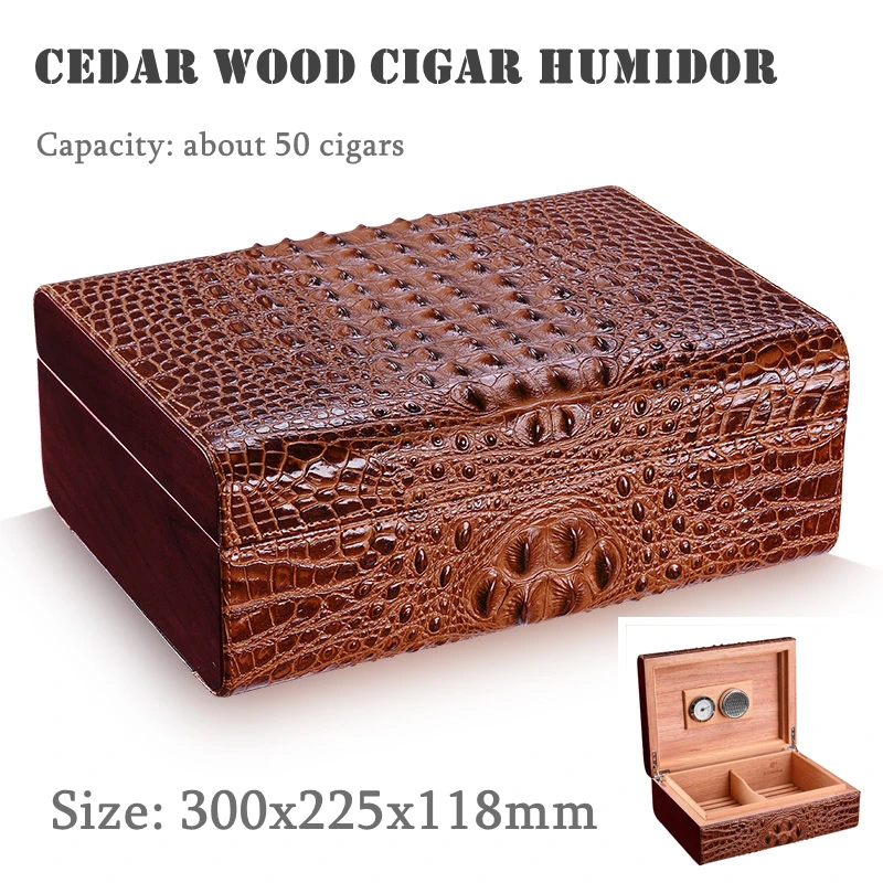 

300x225x118mm Cedar Wood Cigar Humidor Cow Leather Crocodile Pattern Professional Capacity 25 Cigarettes Moisturizing Cigar Case