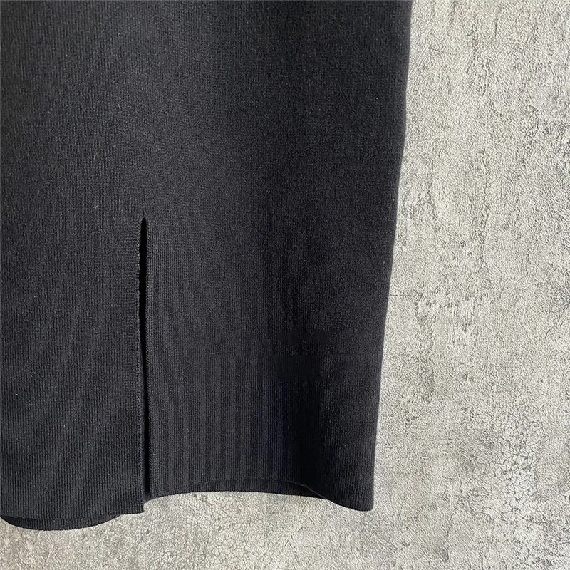 

Johnature French Vintage Party Knitting Elastic Force Sexy Women Mini Dresses 2021 Spring Autumn Slits Black Dress