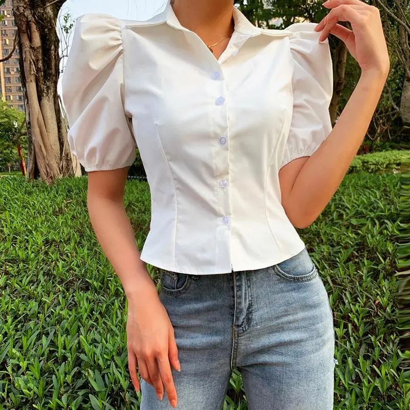 Рубашка женская с пышными короткими рукавами Приталенный топ на пуговицах