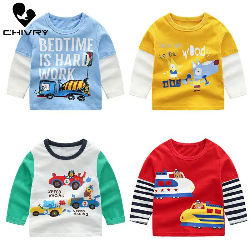 Детская футболка для мальчиков с принтом динозавра и машины хлопковая длинными