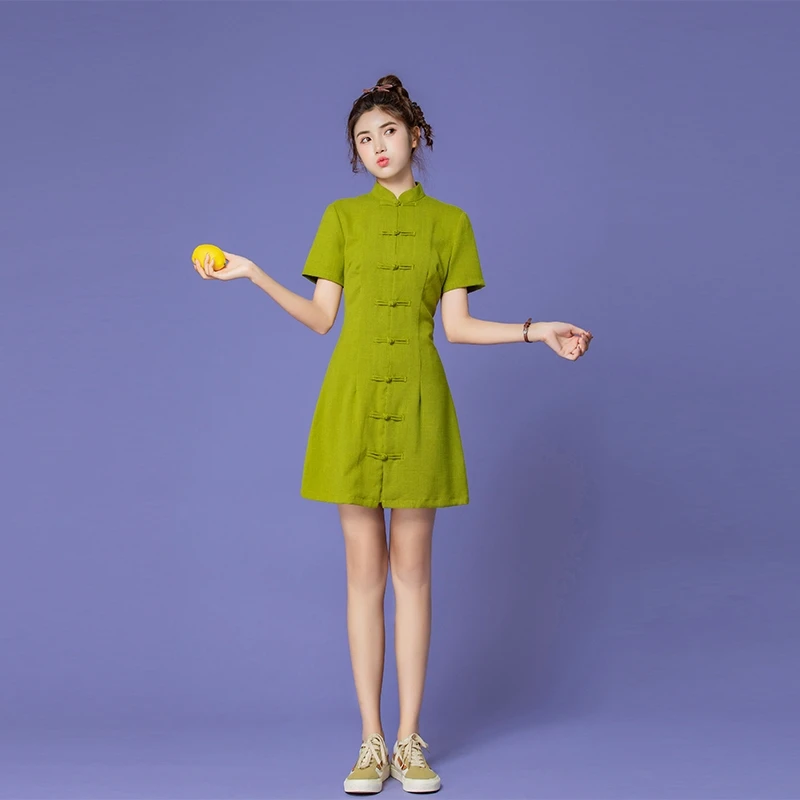 Зеленое авокадо улучшенное свежее и тонкое платье Ципао Новинка лета женское