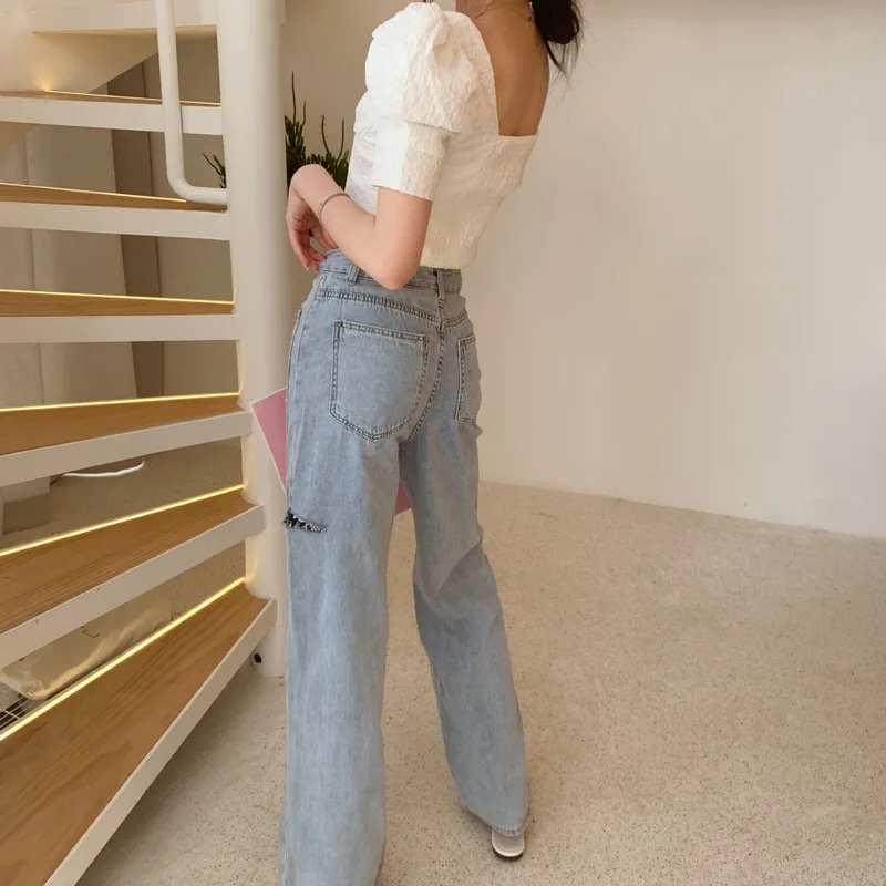 for summer light blue color is the foot open fork mouth side cut loose wide-legged jeans pants of mop floor | Женская одежда
