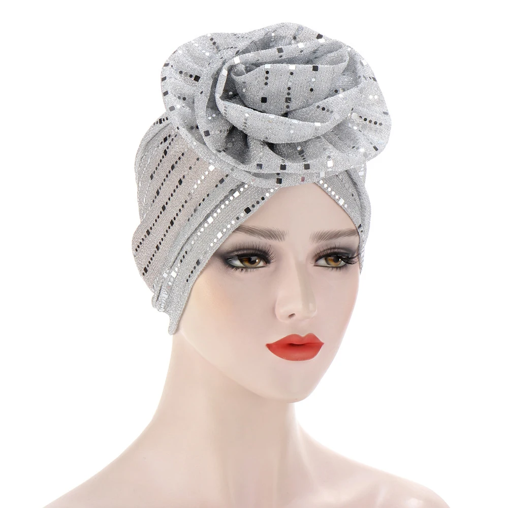 

Fashion Women Flower Hat Muslim Hijab Chemo Cap Turban Glitter Hair Loss Cover Bonnet Shiny Beanies Indian Headwear Scarf Wrap