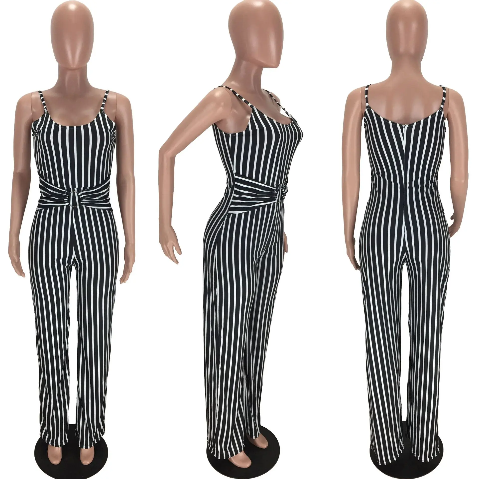 

Spot 2021 European and American spring and summer fashion casual striped suspender jumpsuit