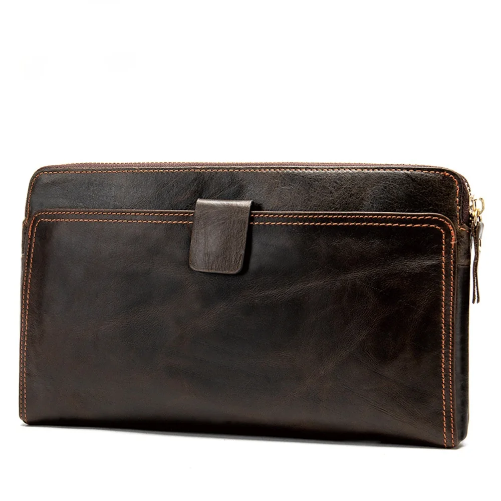 Retro Pure Color Men's Natural Cowhide Clutch 2021 New Fashion Men Business Handbag Horizontal Zipper Wallet Phone Bag