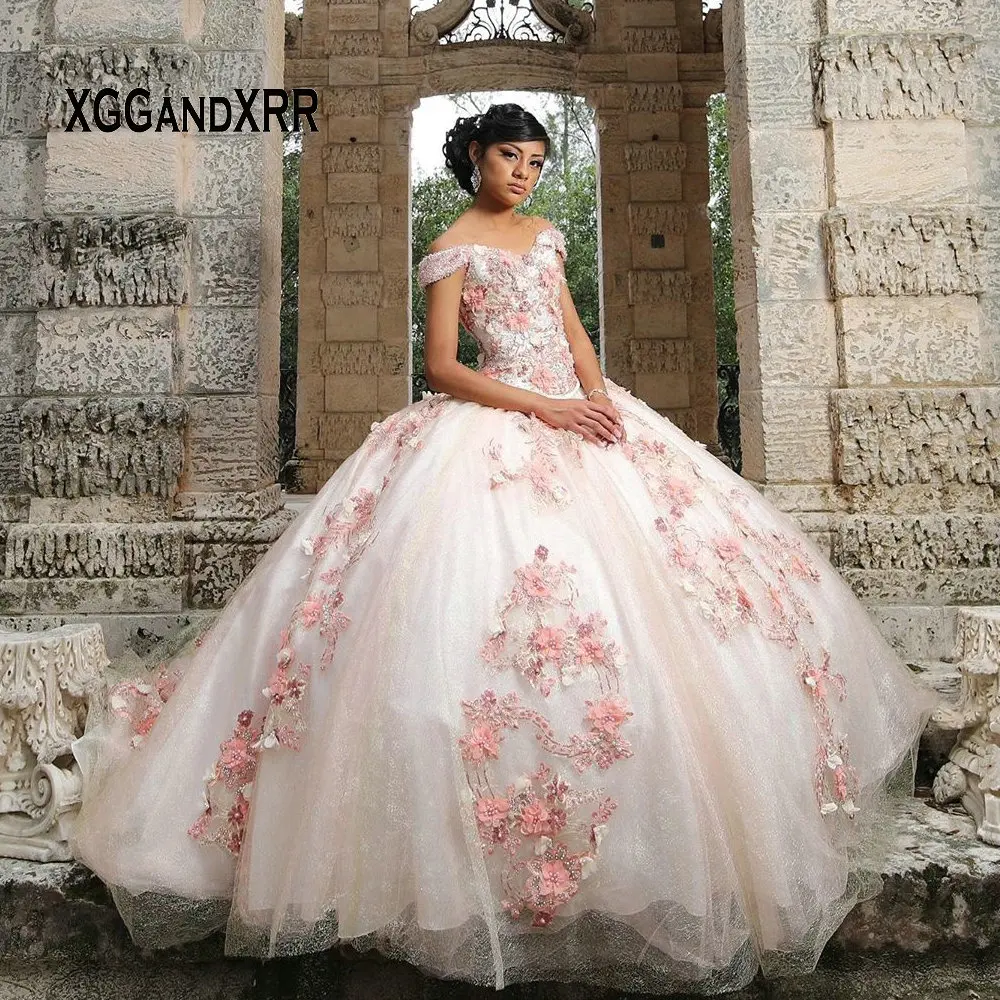 

Pink Lovely Ball Gown Quinceanera Dresses 2020 Sweetheart Off Shoulder Beading Flower Sweet 15 16 Dresses Girls Birthday Gown