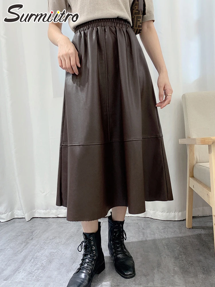 

SURMIITRO 2021 модная длинная юбка миди из искусственной кожи Женская осенне-зимняя юбка средней длины в Корейском стиле с высокой талией