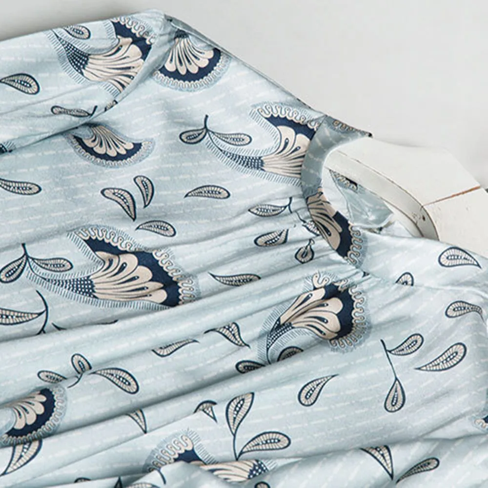 

High Quality Stand Collar Heavy Silk Satin Blue Floral Mulberry Silk Dress Maxi Dress