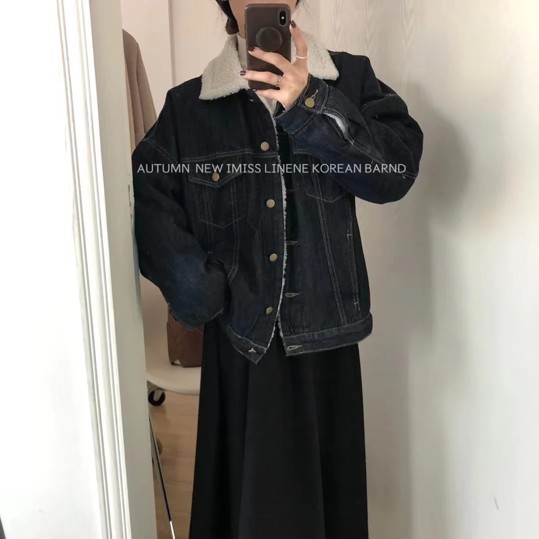 

Пальто, куртки, женское джинсовое короткое пальто из овечьей шерсти, повседневный теплый топ с воротником поло, женский зимний