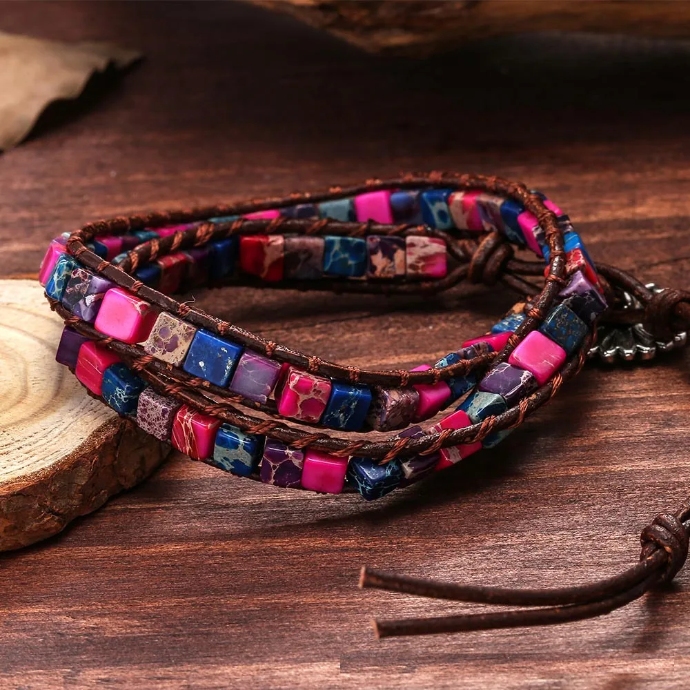 Boho Trendy Handmade Adjustable Multilayer Leather Bracelet Women Multi-color Natural Emperor Stone Bead Jewelry Chakra | Украшения и