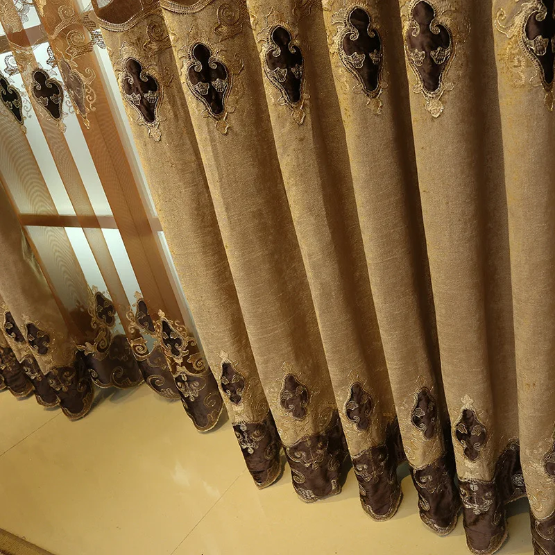 

Nordic Luxury Chenille Brown Geometry Curtains for Living Room High-end Embroidery Yarn Window Drapes for Villa Bedroom WP082#40