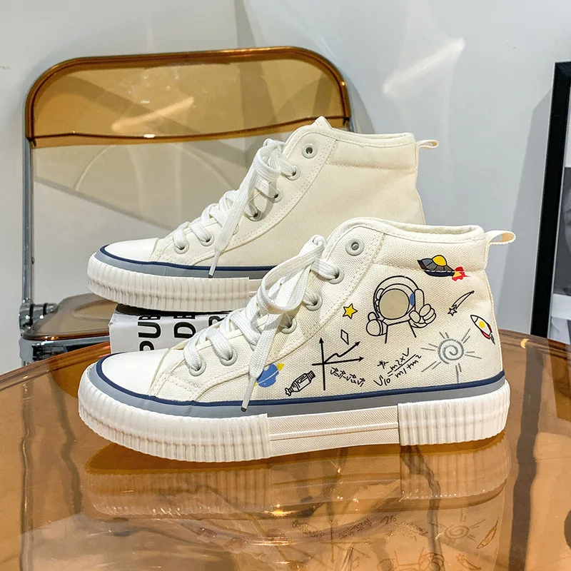 

2021 Spring New Canvas Shoes High-top Starry Sky Cartoon Elements Female Students All-match Casual Shoes Sneakers Women