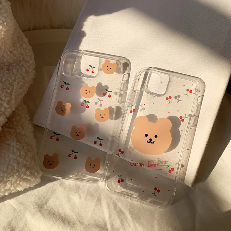 retro cherry bear letters couples cute phone case for iphone 13 12 11 pro xs max xr case silicone cover for iphone 7 8 plus case free global shipping