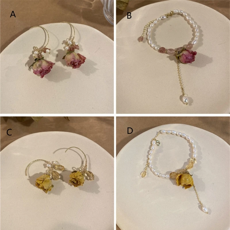 

Natural Pressed Rose Flower Drop Earrings White Freshwater Pearl Bracelets Women E56A