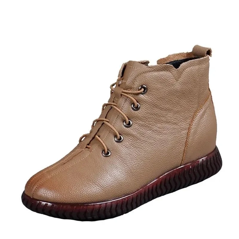 

Flat Lace Up Ankle Boots For Women High Top Leather Shoes Short Plush Boot Women's Autumn Shoes Woman Demi-season Boots Black