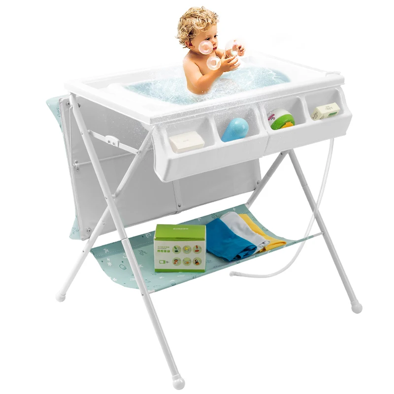 Infant Changing Table and Bathtub, Baby Crib Care Station, Multifunctional Folding Touch Bathing Nursing Organizer