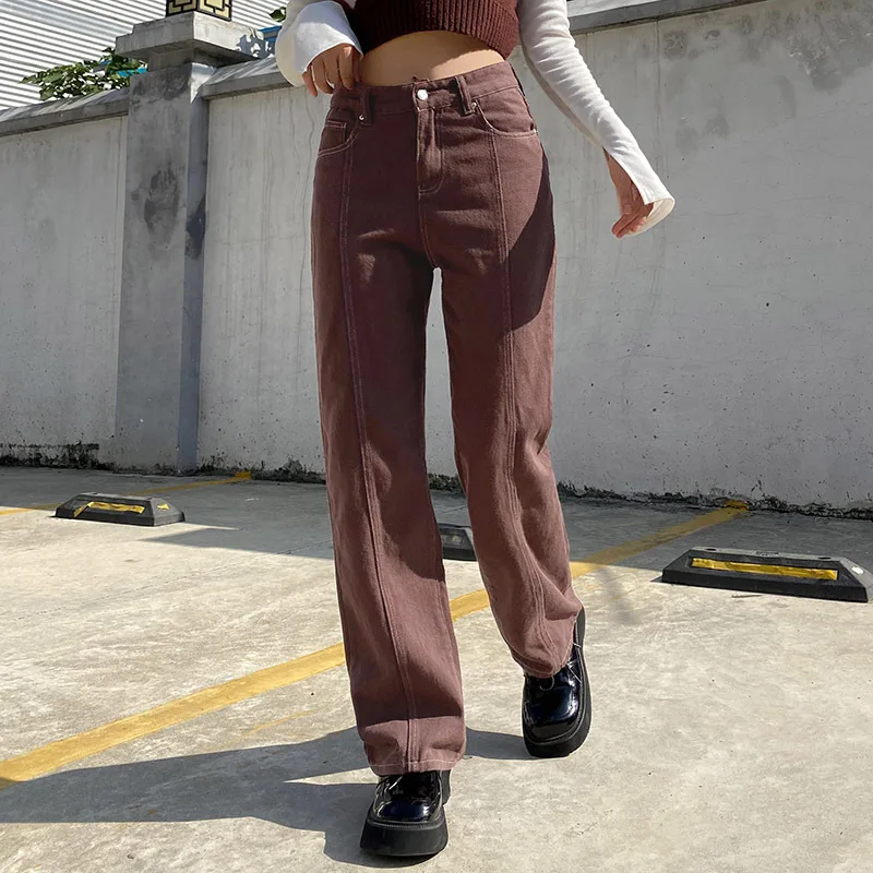

High Waist Straight Leg Mom Jeans for Women Denim Pants Y2k Vintage Brown Baggy Trousers Casual Front Seam Boyfriend Jeans 2021