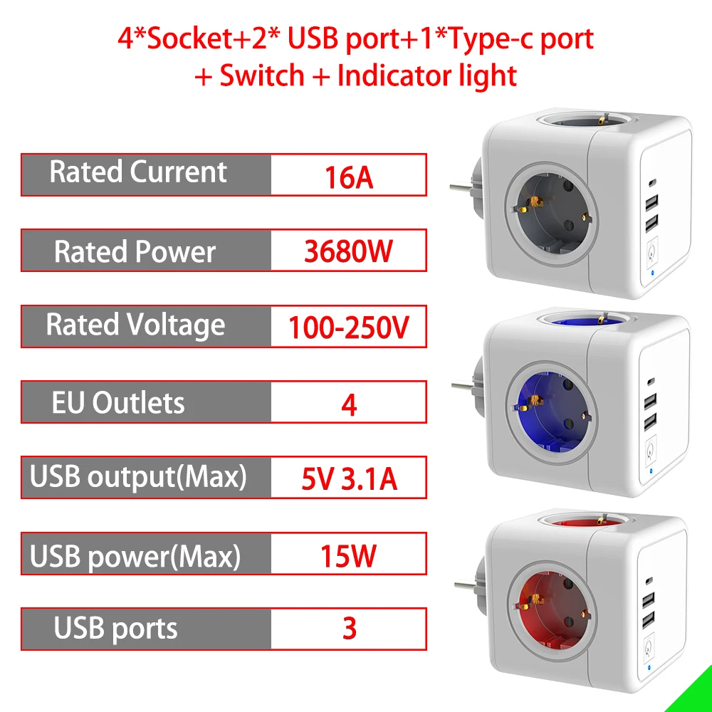 Удлинитель настенный с USB-разъемом 16 А 3680 Вт |