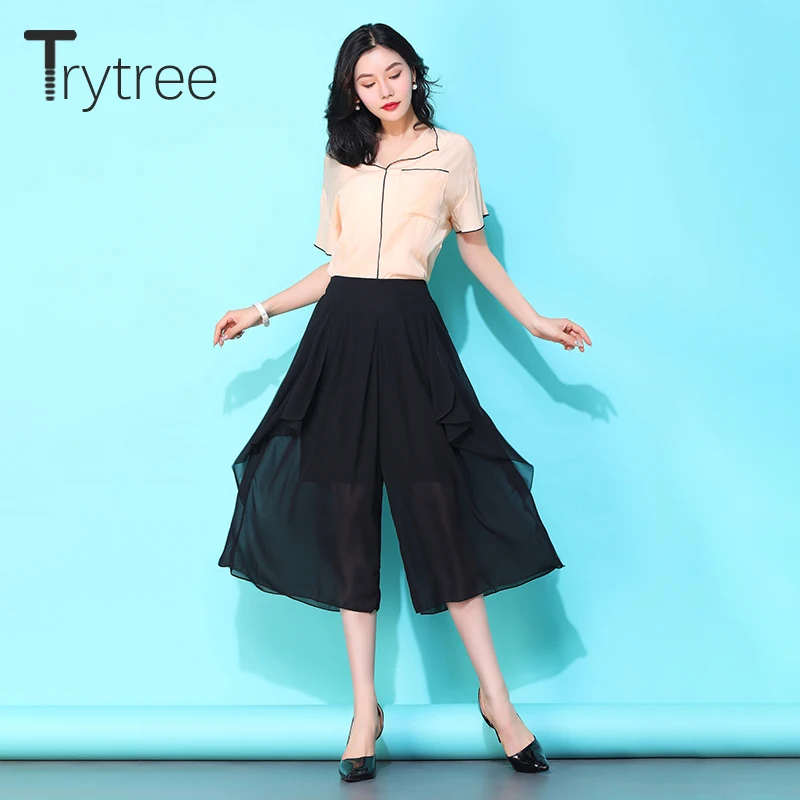Trytree 2020 Spring Summer Women Pants Casual Elastic Waist Black Wide Leg Calf-Length Loose Fashion Thin | Женская одежда