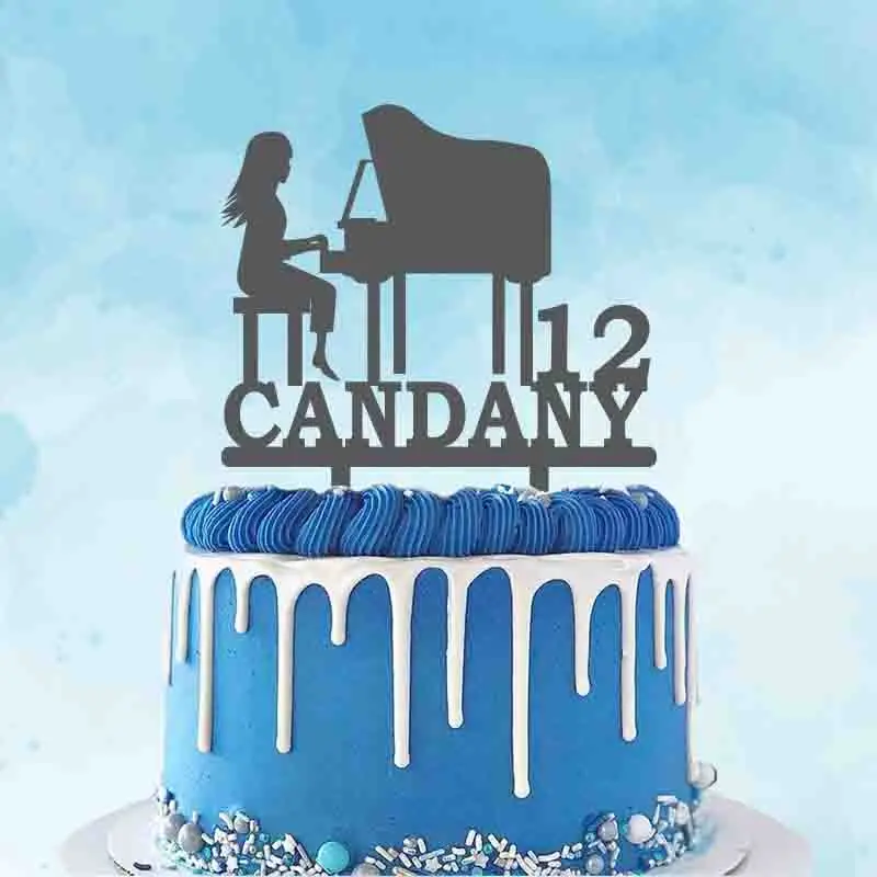 

Personalized Girl's Birthday Cake Topper Custom Name Age Girl Playing Piano For Birthday Party Cake Decoration Topper