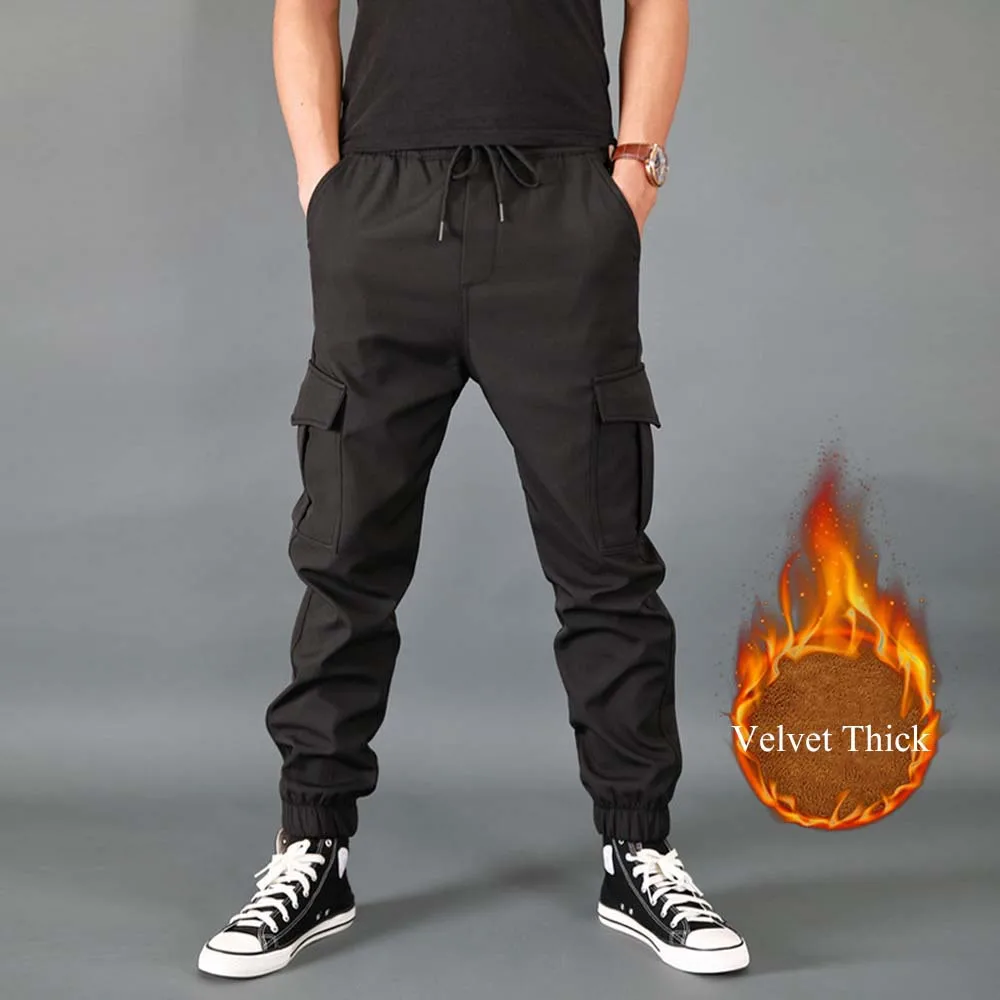 

FALIZA New Winter Men Pants Thick Fleece Joggers Multi Pocket Loose Sport Trousers Male Casual Warm Sweatpants Cargo Pants PA52