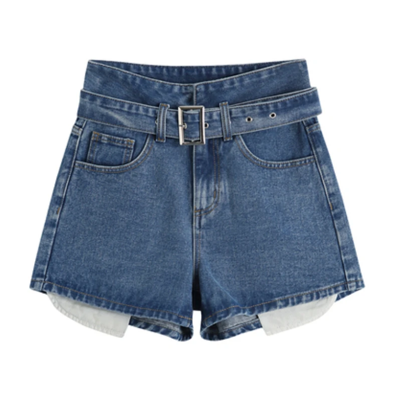 

Summer 2021 New Women's Denim Shorts with Belted Blue Casual Loose Ladies Fashionable Pocket Female Chic Jeans Shorts