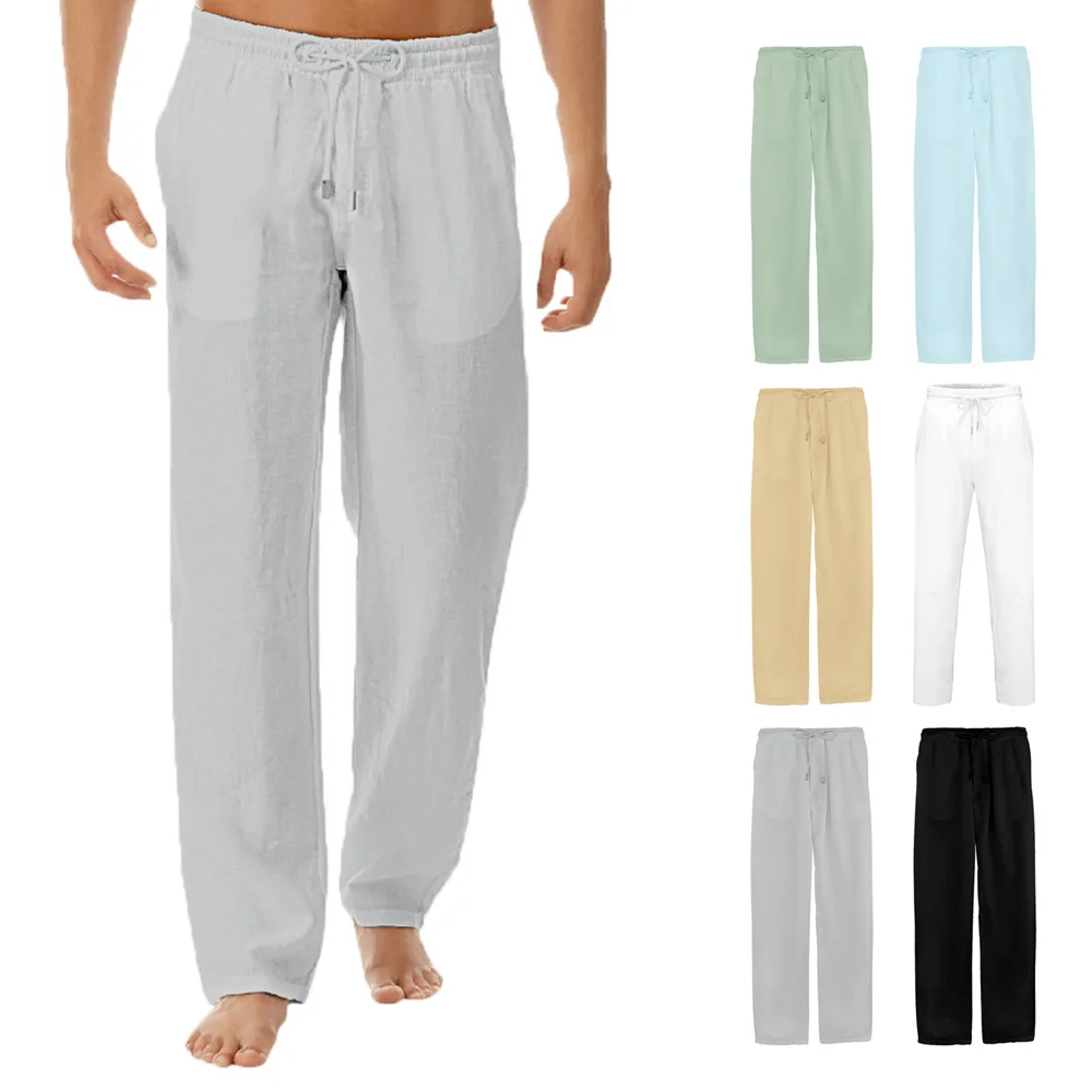

Men's Fashion Solid Color Breathable Loose Fit Drawstring Trousers Long Pants Straight Pants Elastic Waist Casual Mens Wide Leg