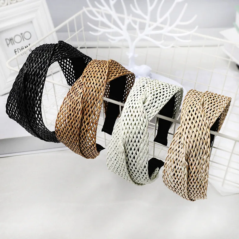 

Fashion woman headband Straw Weaving Knotted hairband Bohemian Wide Cross Knot Hair Bands Hoop Handmade Hair Accessories