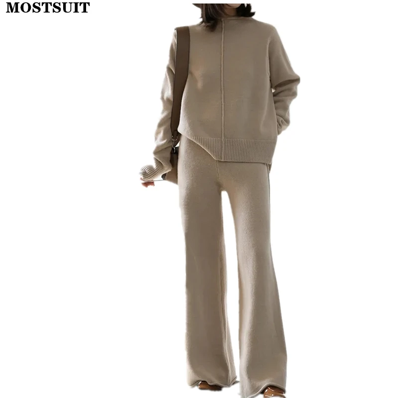 

Зимние теплые трикотажные брючные комплекты, женский свитер с разрезом + широкие брюки, комплект из двух предметов, винтажный элегантный од...