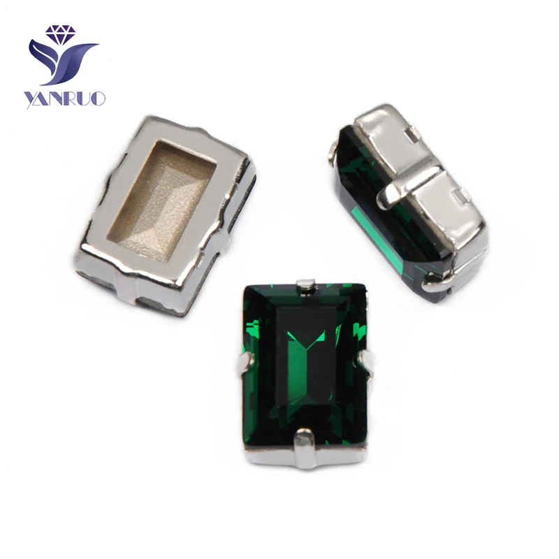 

YANRUO 4527 All Sizes Emerald Step Cut Sew On Rhinestones Glass Strass Jewelry DIY Point Back Crystal Applique Green Stones