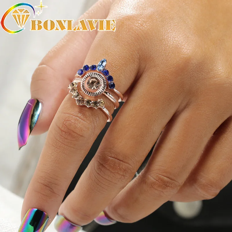 Новинка 3 шт./компл. женское богемное Ретро Открытое кольцо с буквами Love Blue Gem Crystal