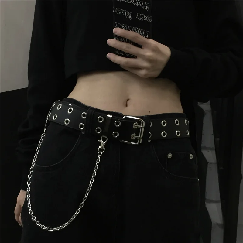 

Fashion Harajuku Women Punk Chain Belt Adjustable Black Double/Single Eyelet Grommet Metal Buckle Leather Waistband For Jeans