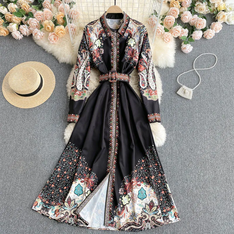 

High Quality 2021 Spring New Fashion Women Elegant Print Turn-down Collar Long Sleeve Empire Party Dress Vestido De Mujer J259