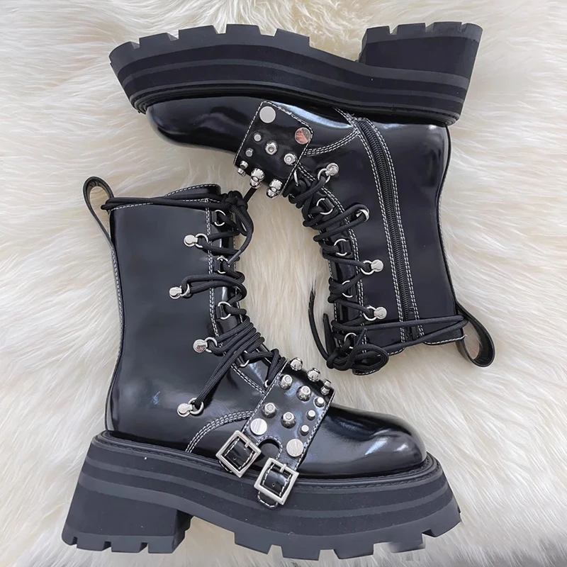 

2021autumn and Winter New Fashion Martin Boots Women's Rivet Belt Buckle Decoration Knight Side Zip Middle Tube Boots