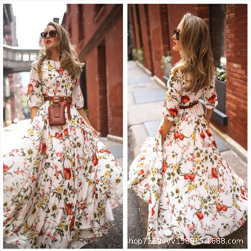 

Kalenmos Women's Dress Chiffon Print Big Round Neck Five-point Sleeve Street Dress Slim Dresses European and American Fashion