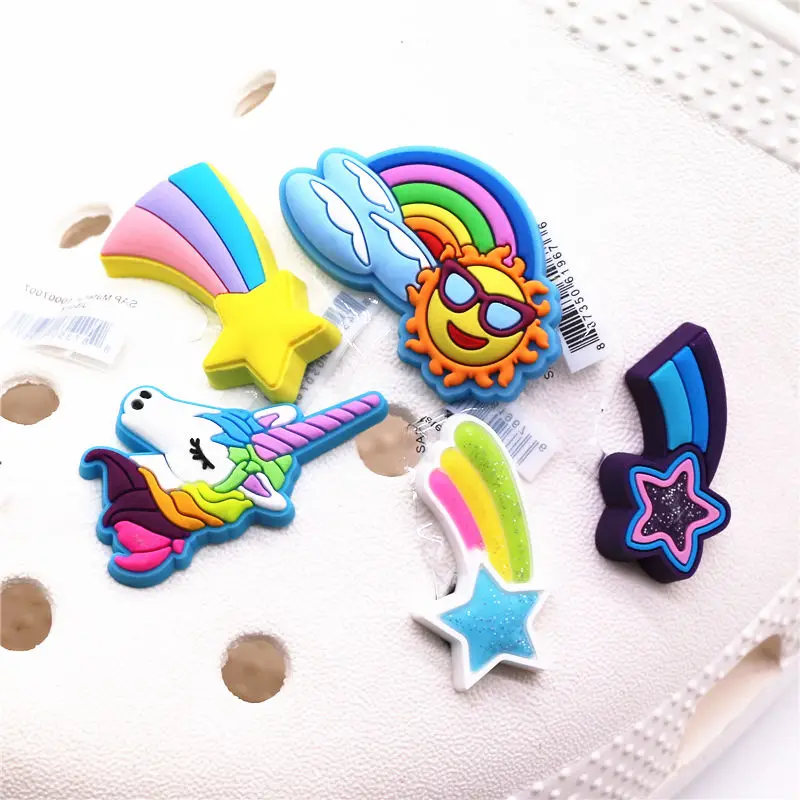 

Novelty Cute Shoe Charms Accessories Unicorn Cloud Rainbow Sun Meteor Shoe Buckle Decoration for croc jibz Kids X-mas Party Gift