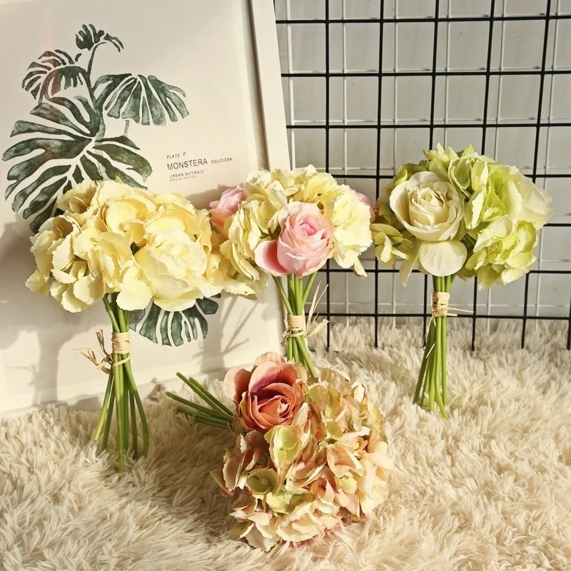 

27cm Artificial Flower Multicolor Hydrangea Rose Bouquet Home Decoration Wedding Bride Holding Bouquet Vase Flower Arrangement