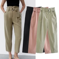 maxdutti england style simple solid fashion sashes high waist loose harem pants women pleated casual straight trousers women