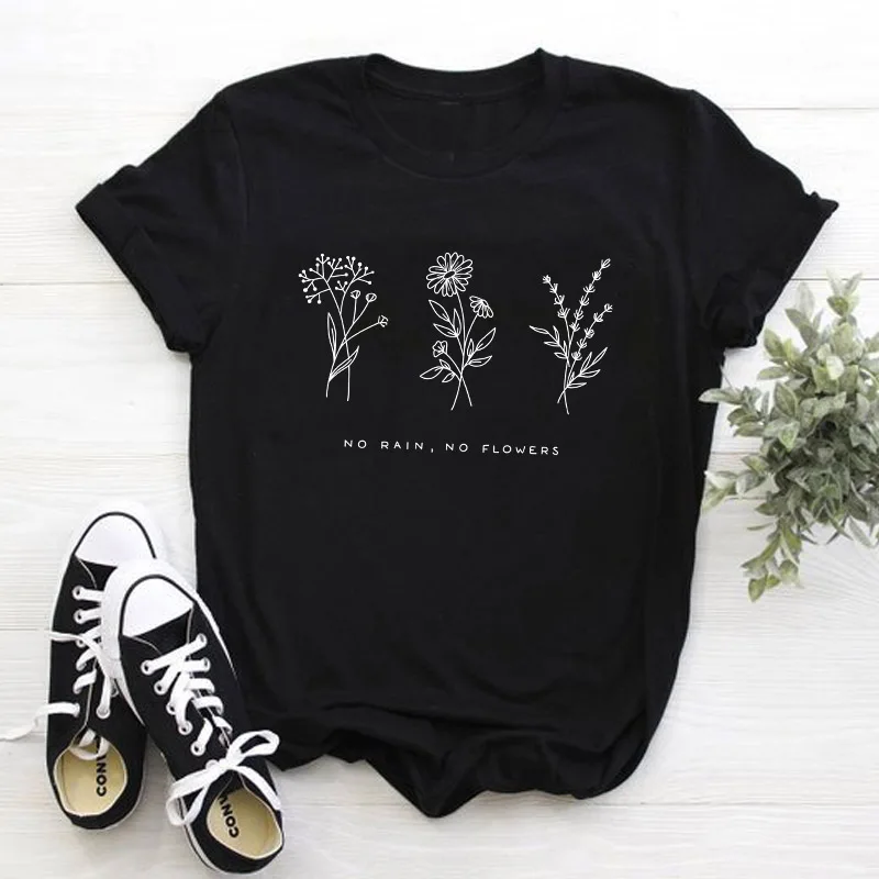 black tee white text Летняя футболка с цветами без дождя модная повседневная женская желтая одежда футболка с коротким рукавом без дождя с надписью Grunge - Цвет: black tee white text