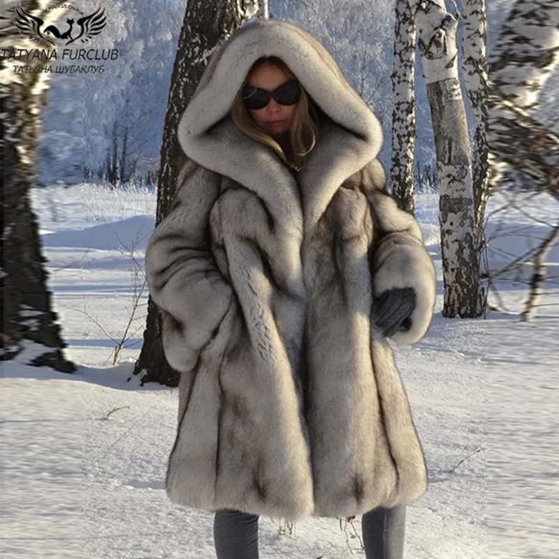 

Высококачественное пальто из натурального синего лисьего меха, длинное зимнее модное женское пальто из натурального Лисьего меха с капюшо...