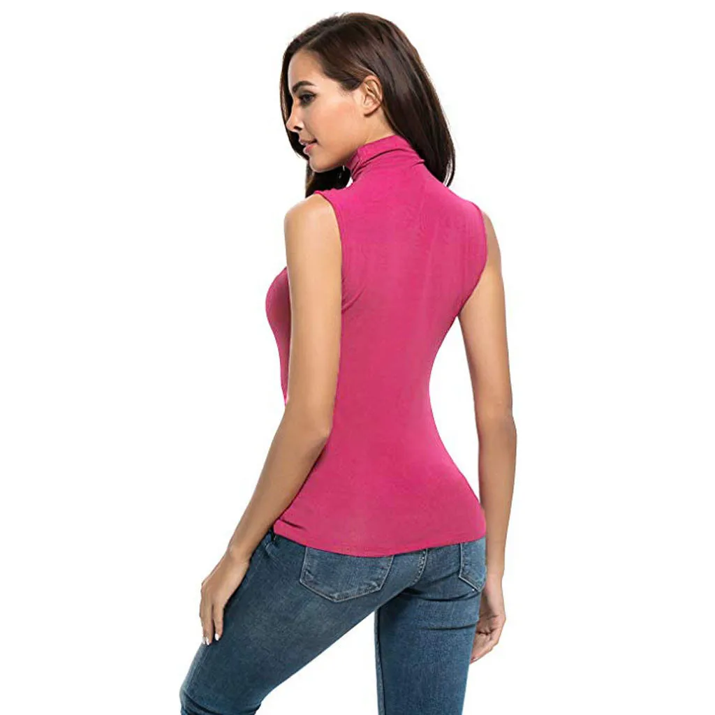 

Top Womens Sleeveless Solid Turtleneck Tee Slim Fit Top Chiffon Autumn Casual High Quality Crops Para Mujer Sexy Clothing