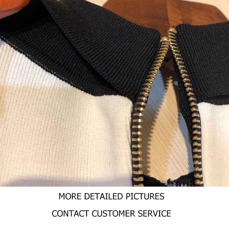 

Cosmicchic Winter Knitted Long-sleeved Dress Golden Button Turn-Down Collar Back Zipper Sexy Black White Patchwork Bodycon Dress