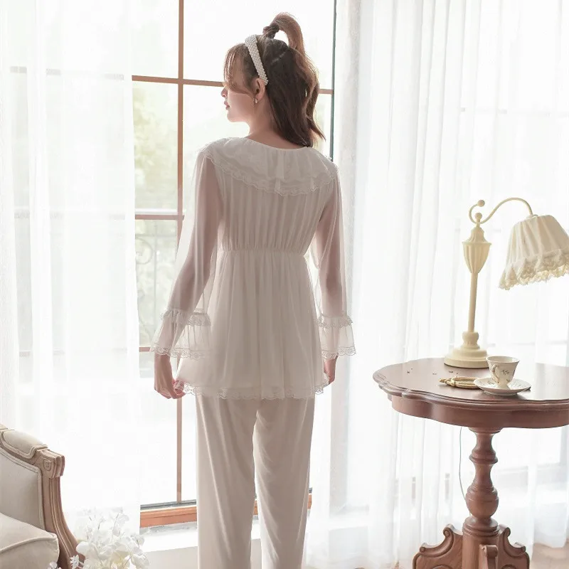 

Vintage Princess Modal Gauze Long Sleeve Women's Pajamas Sets V-Neck Lace Solid Color Pyjamas Sweet Girls Sleepwear Home Wear