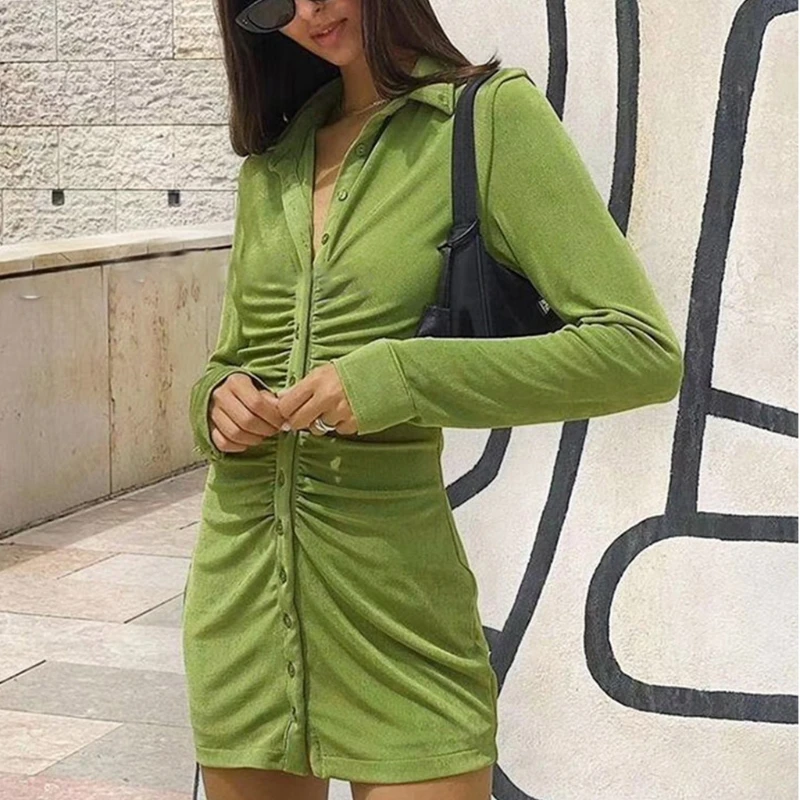 

Women Autumn Long Sleeve Velvet Slim Mini Shirt Dress Lapel Button Down Ruched Front Solid Color Blouse Party Streetwear