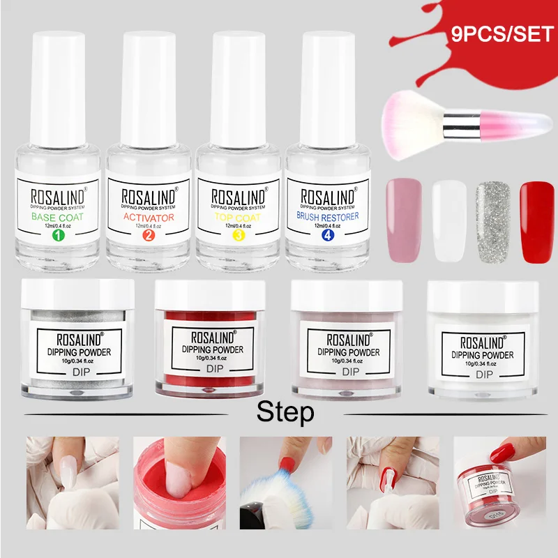 RP-9PCS-02 ROSALIND погружающая блестящая пудра натуральный сухой хром пигмент дизайн ногтей пыль голографическая Пудра Набор для гель-лака маникюр - Цвет: RP-9PCS-02