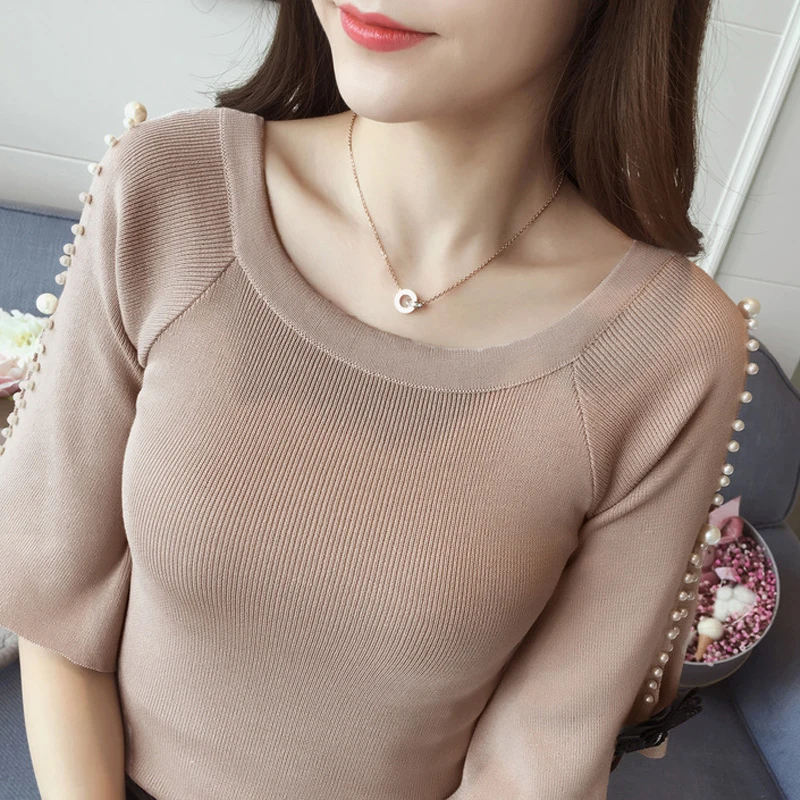 

NewKnitted Women Blouse Fashion Bow Autumn Half Sleeve Korean Sexy Off Shoulder Shirts Casual O Neck Elegant Slim Top 2021