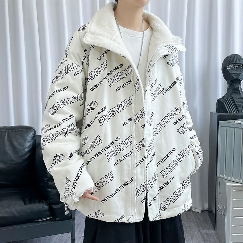 

PR Winter Stand Warm Men Parka Double Side Wear Letter Printed Jacket Coats Woolen Lamb Winter Men's Harajuku Parkas Streetwear