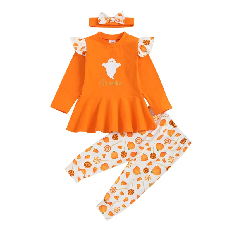 

Pudcoco 3Pcs 3-24M Halloween Day Festival Costumes Pumpkin Letter Ghost Print Cartoon Ruffles T-Shirt+Pants+Headwear Outfit Sets