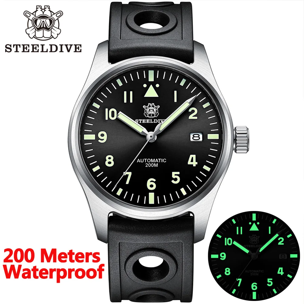 

STEELDIVE SD1940 Sapphire Crystal 39mm Black Dial C3 Luminous 200M Waterproof NH35 Automatic Movement Men's Wrist Watch Pilot